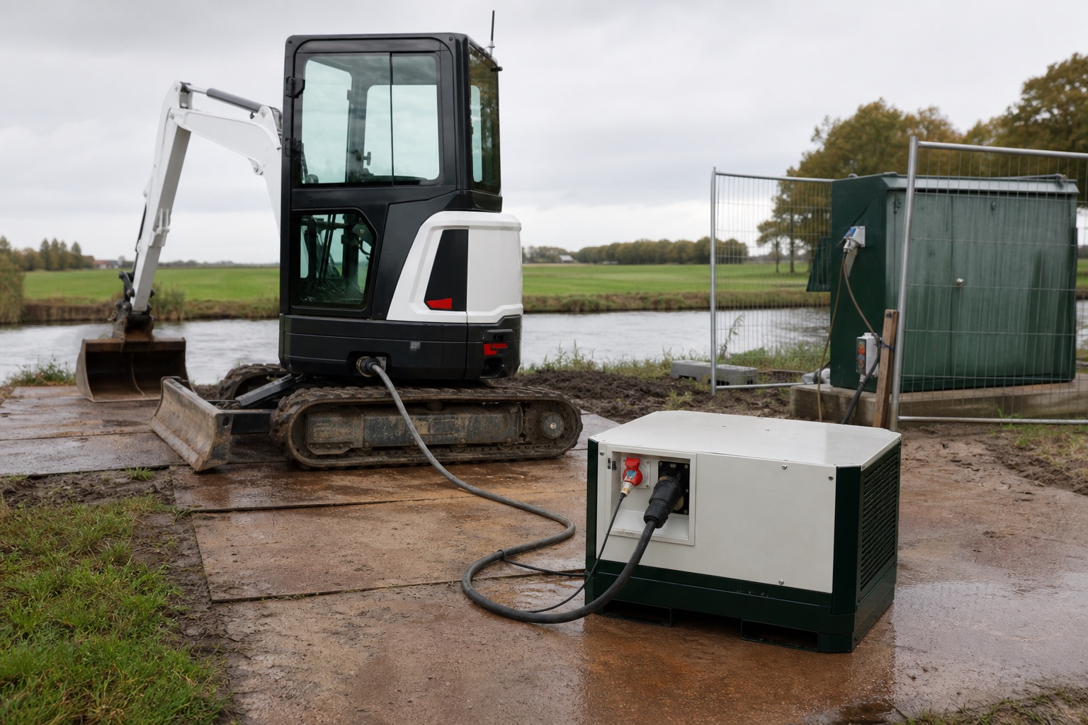 Een elektrische minigraafmachine aangesloten op tijdelijke batterijvoeding