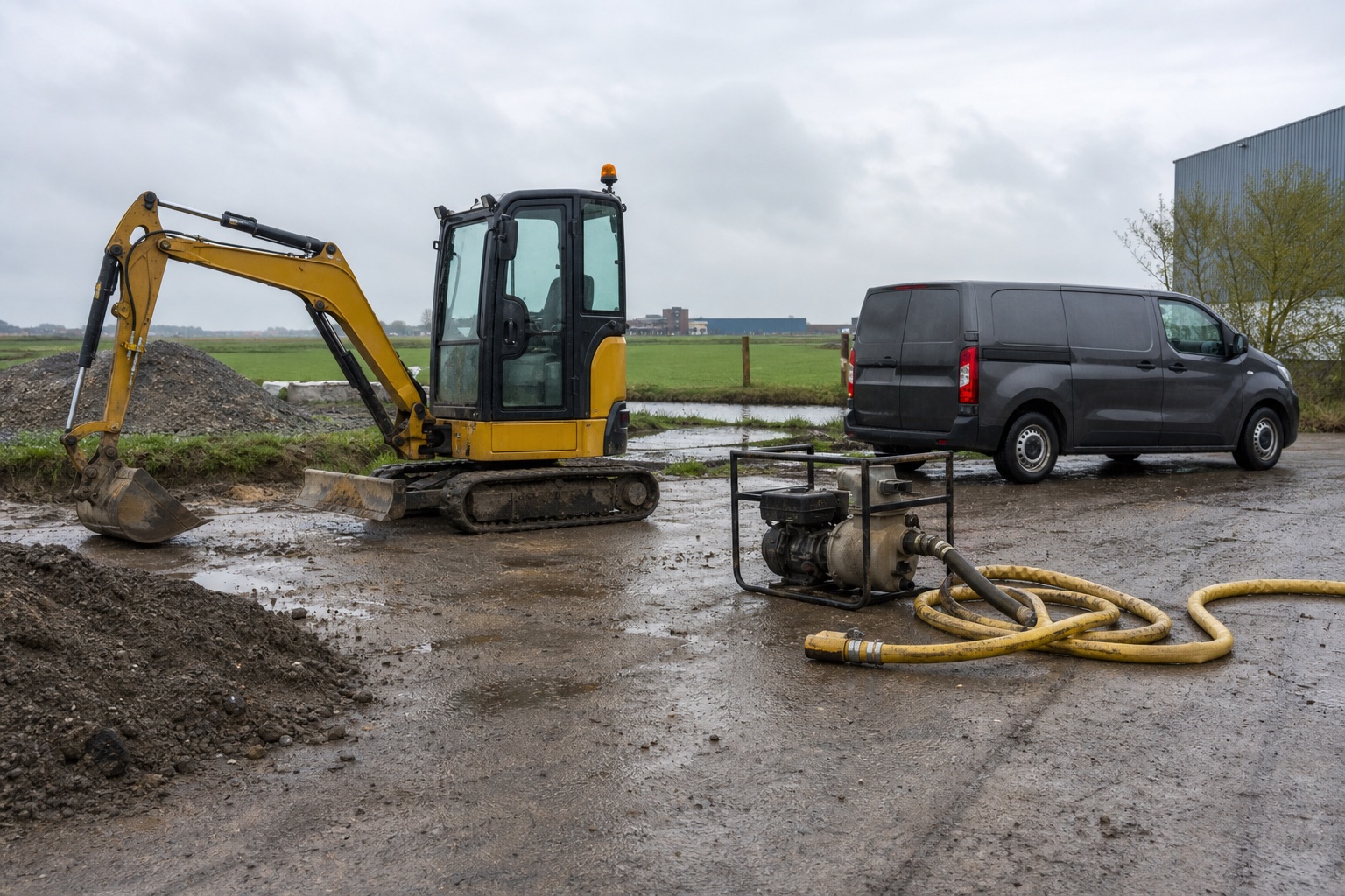 Graafmachine, pomp en werkvoertuig op een Nederlands projectterrein