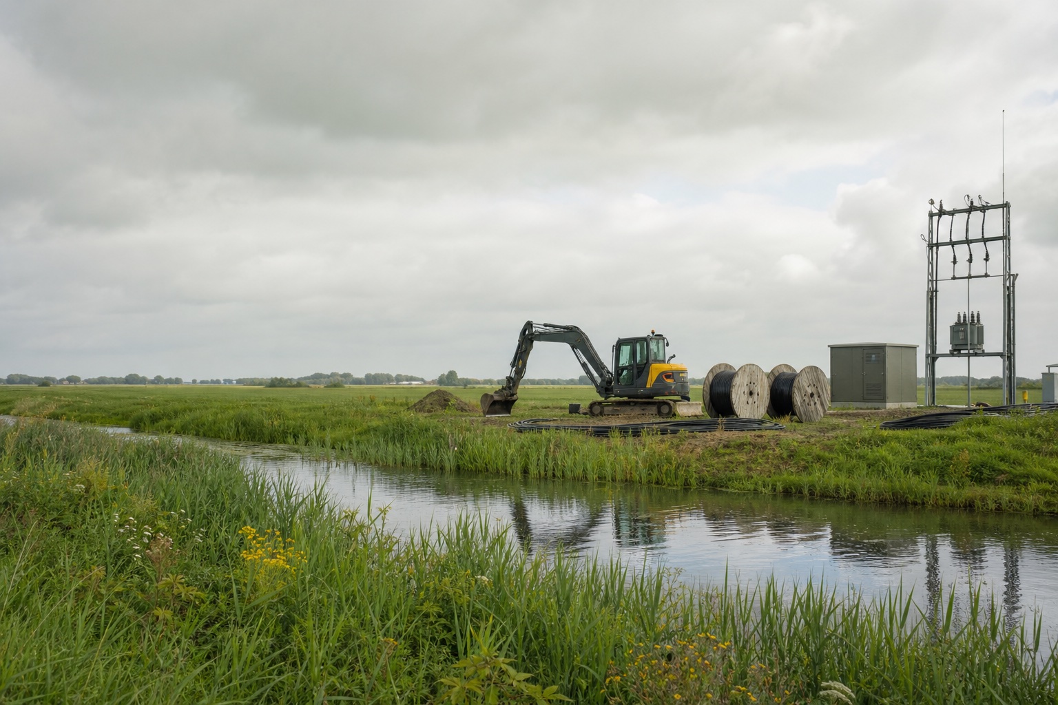 Infrastructuurwerkzaamheden naast een Nederlandse polder en watergang