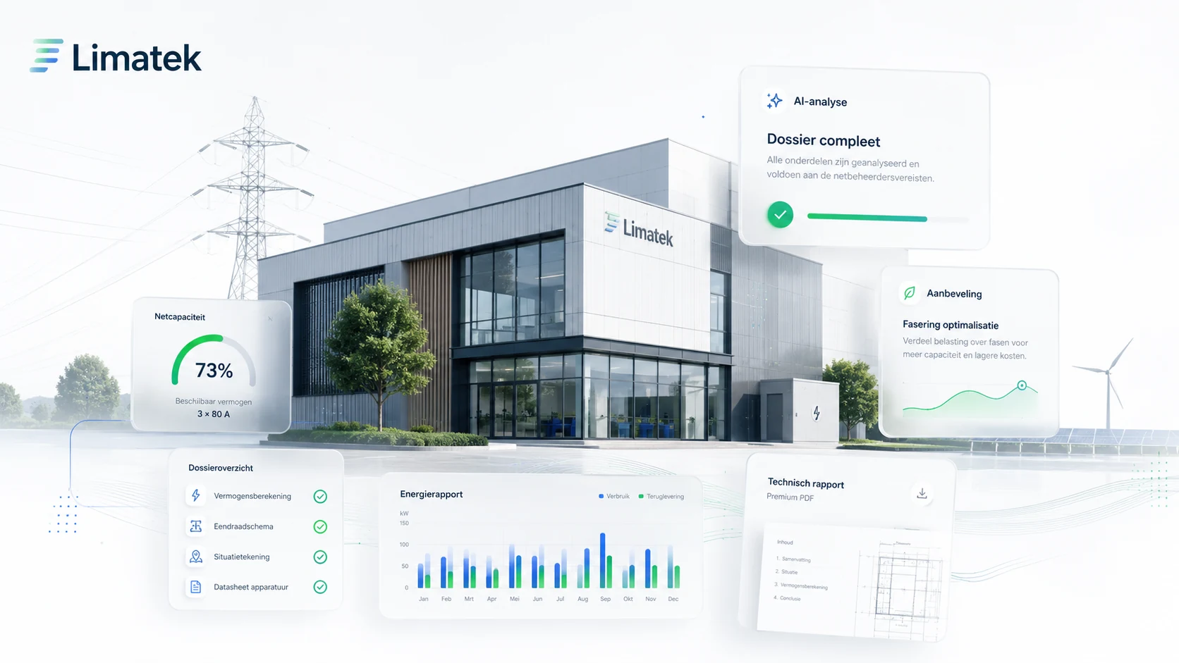 Limatek energiedossier dashboard rond een modern bedrijfspand
