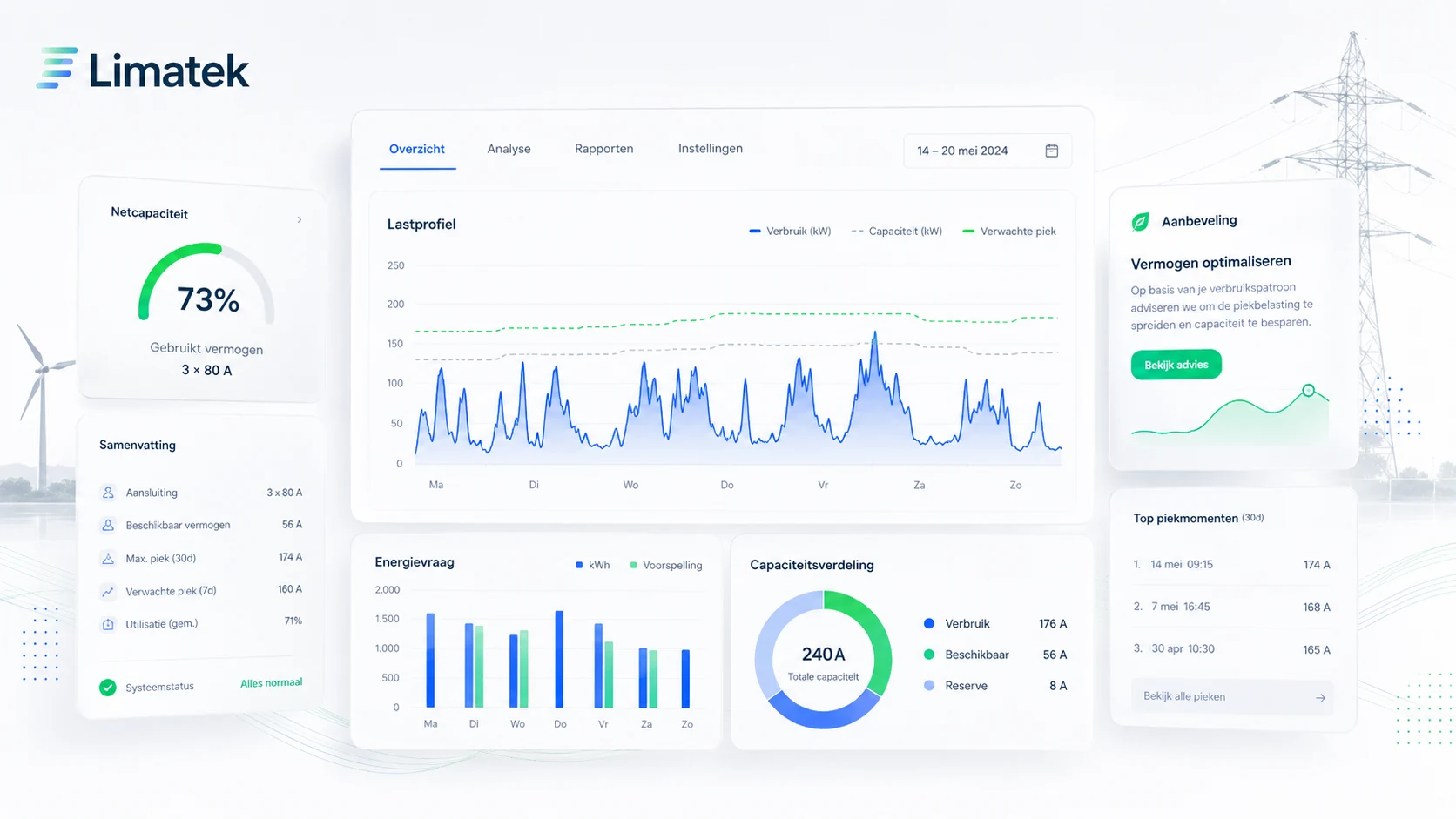 Analyse dashboard met lastprofiel, netcapaciteit en piekmomenten