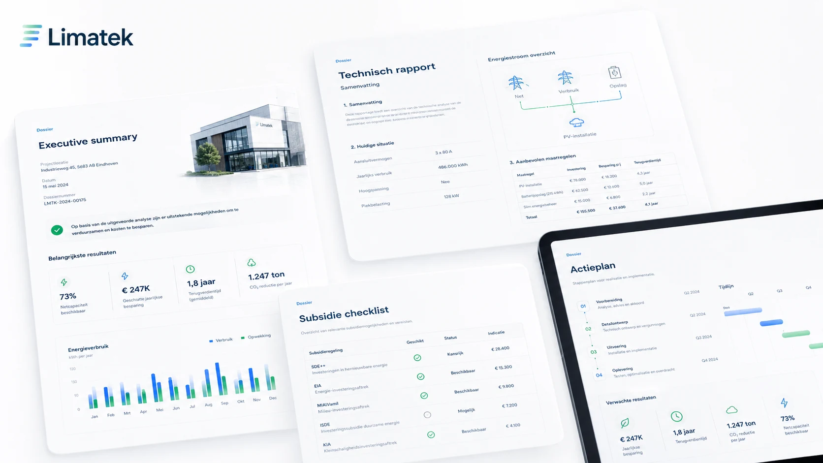 Voorbeelden van Limatek rapporttemplates: executive summary, technisch rapport, subsidiechecklist en actieplan