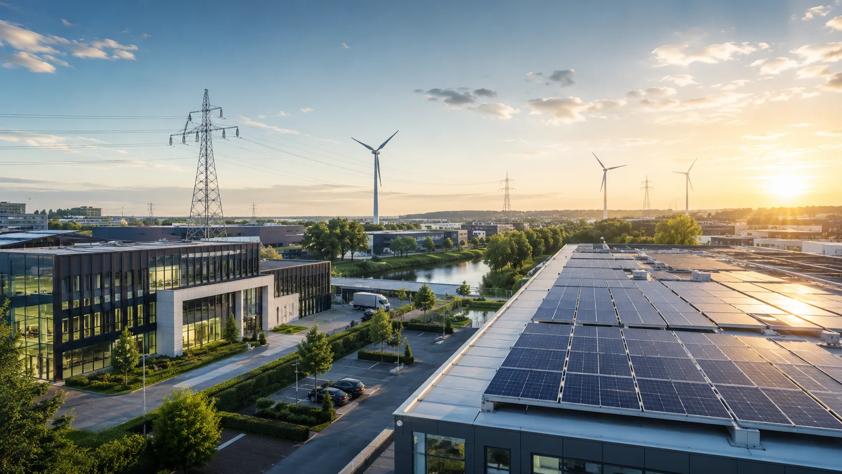 Duurzaam bedrijvenpark met zonnepanelen, windturbines en netinfrastructuur