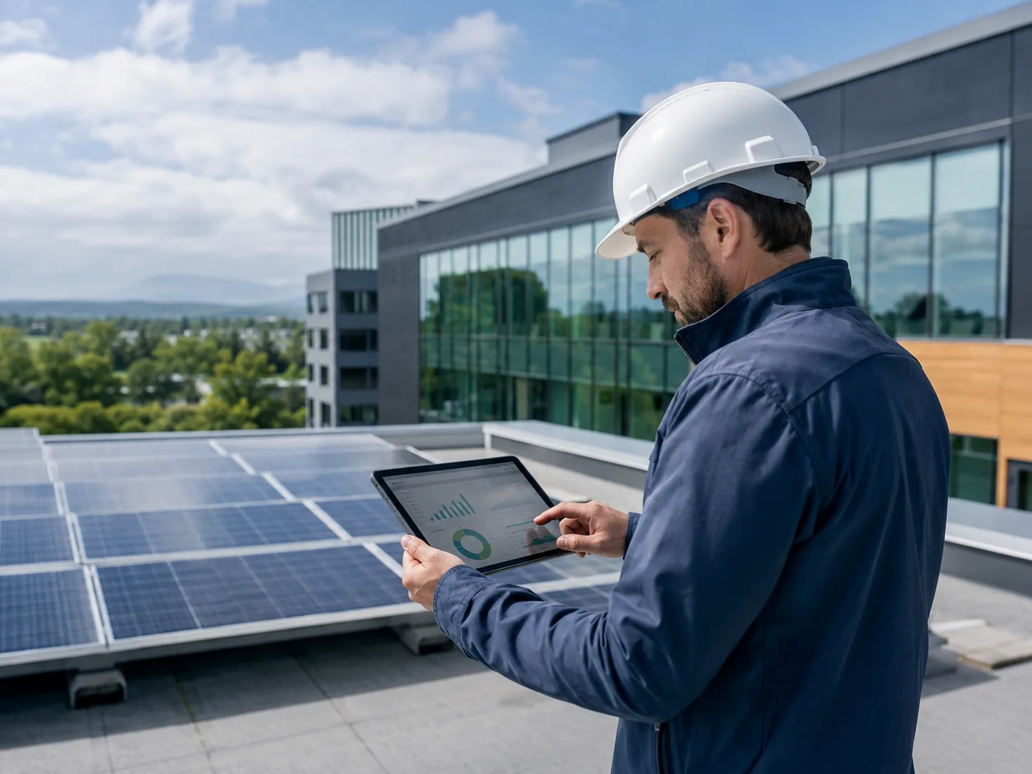 Engineer met tablet op een dak met zonnepanelen